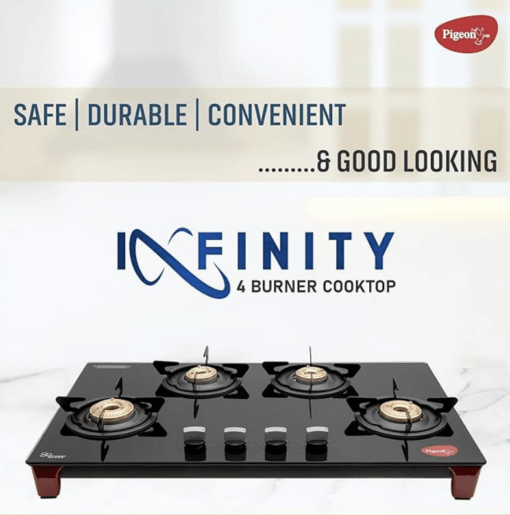 Pigeon by Stovekraft Infinity Glass Top 4 Burner Gas Stove, Manual Ignition (Black) - Image 2